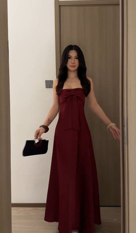 Fashion Strapless Red Bridesmaid Dresses Sheath Long Evening Dress Satin Sleeveless Birthday Dress ED06713