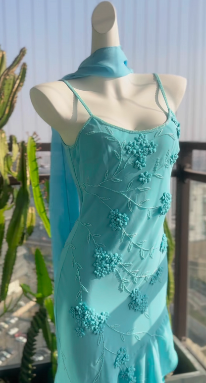 Blue Prom Dresses Spaghetti Straps Sheath Vintage Long Evening Dress Chiffon Beaded Birthday Dress ED06716