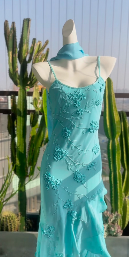 Blue Prom Dresses Spaghetti Straps Sheath Vintage Long Evening Dress Chiffon Beaded Birthday Dress ED06716
