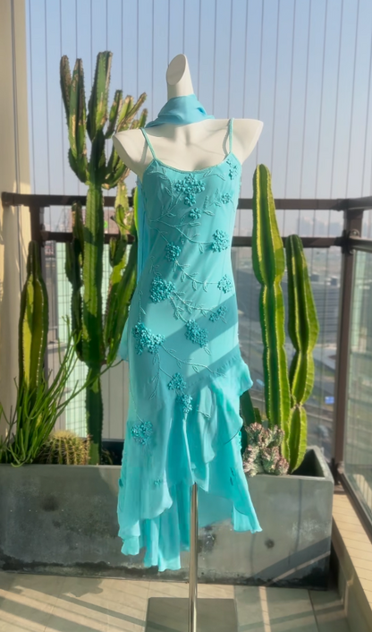 Blue Prom Dresses Spaghetti Straps Sheath Vintage Long Evening Dress Chiffon Beaded Birthday Dress ED06716