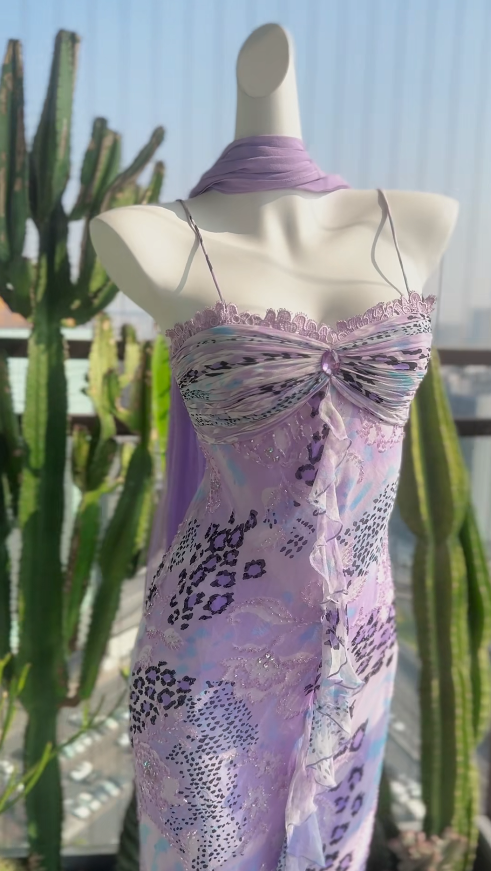 Purple Prom Dresses Spaghetti Straps Sheath Vintage Evening Dress Chiffon Beaded Long Birthday Dress ED06717