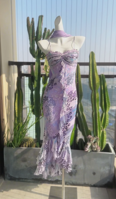 Purple Prom Dresses Spaghetti Straps Sheath Vintage Evening Dress Chiffon Beaded Long Birthday Dress ED06717