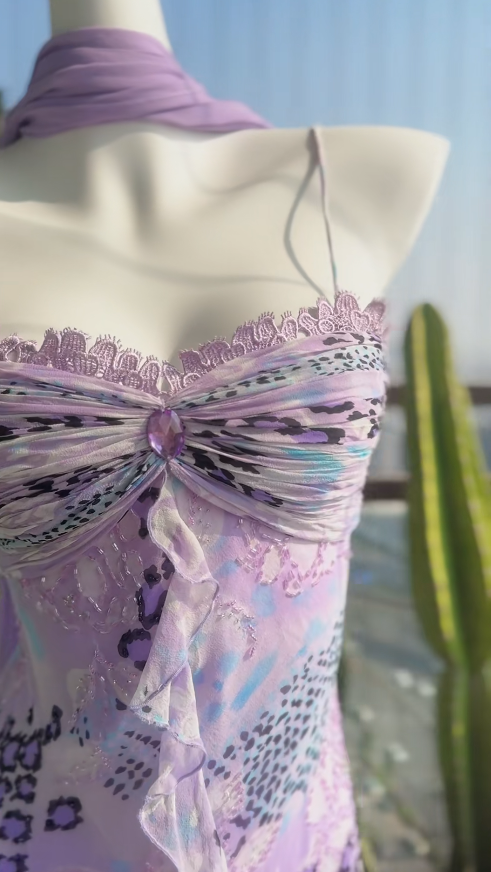 Purple Prom Dresses Spaghetti Straps Sheath Vintage Evening Dress Chiffon Beaded Long Birthday Dress ED06717