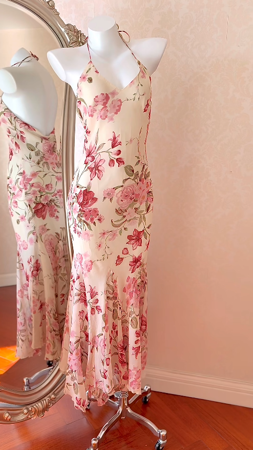 Floral Prom Dresses Spaghetti Straps Sheath Long Vintage Evening Dress Chiffon Birthday Dress ED06718