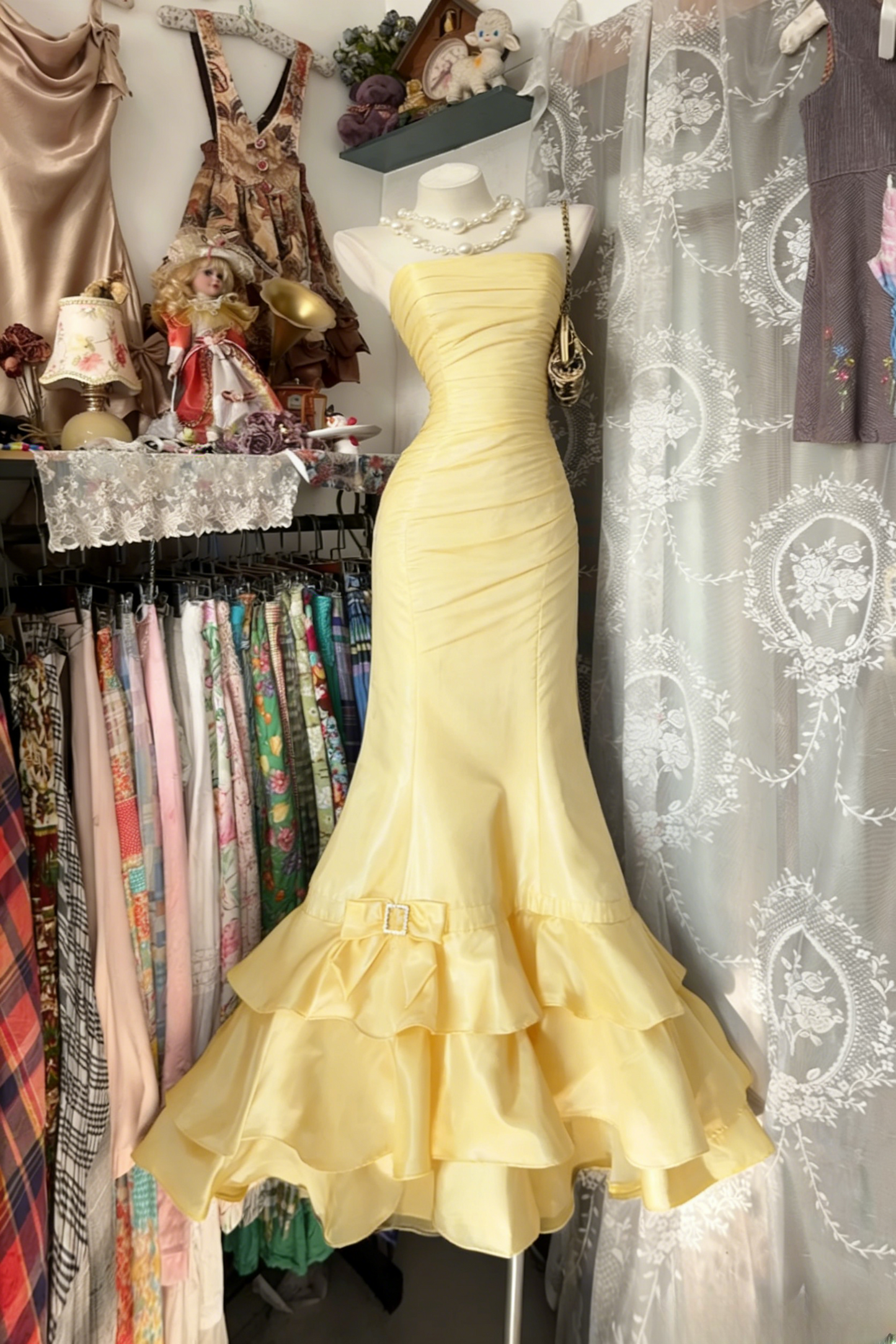 Yellow Prom Dresses  Mermaid Long Vintage Evening Dress Satin Strapless Birthday Dress ED06719