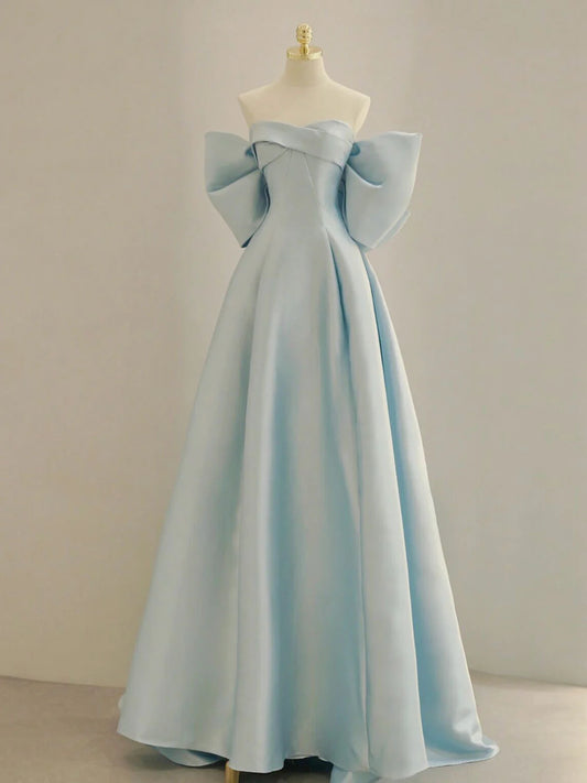 Robe de bal longue en satin bleu, robe de soirée trapèze bleue ED0672