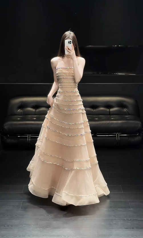 Strapless Champagne Prom Dresses Cute A-Line Long Evening Dress Rhinstones Tulle Sleevelesss Birthday Dress ED06720