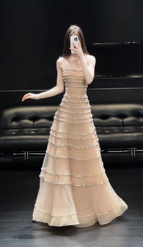 Strapless Champagne Prom Dresses Cute A-Line Long Evening Dress Rhinstones Tulle Sleevelesss Birthday Dress ED06720