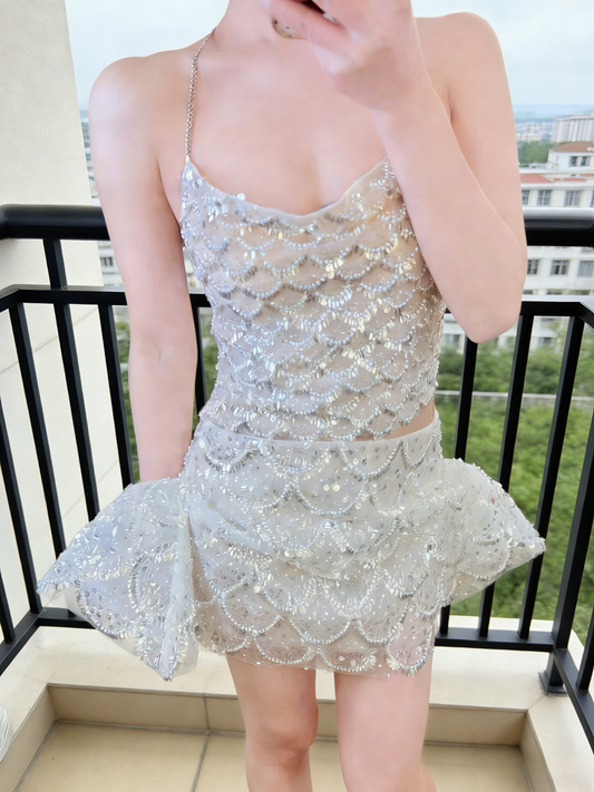 Sexy Two Piece Prom Dress Spaghetti Straps Sheath Evening Dress Sequins Short Birthday Dress ED06727