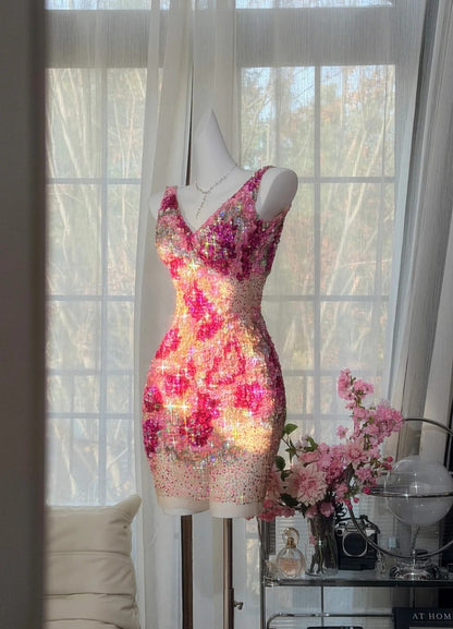 Sexy Pink Prom Dress V-Neck Sheath Evening Dress Sequins Short Birthday Dress ED06728