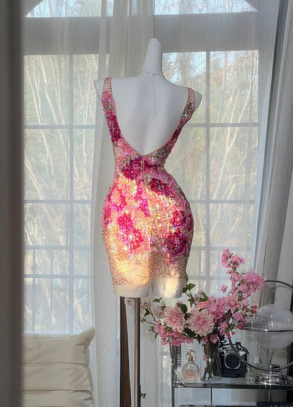 Sexy Pink Prom Dress V-Neck Sheath Evening Dress Sequins Short Birthday Dress ED06728