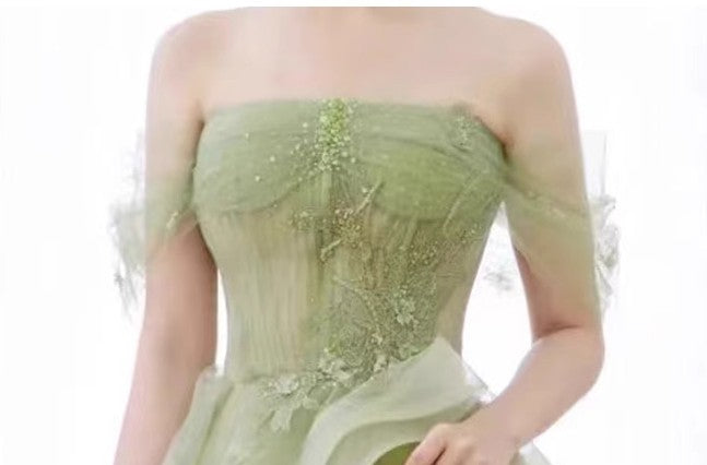 Green Off Shoulder Lace Long Prom Dress, Green Formal Dress ED0673