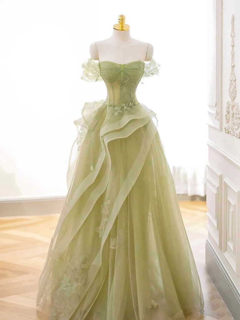 Green Off Shoulder Lace Long Prom Dress, Green Formal Dress ED0673