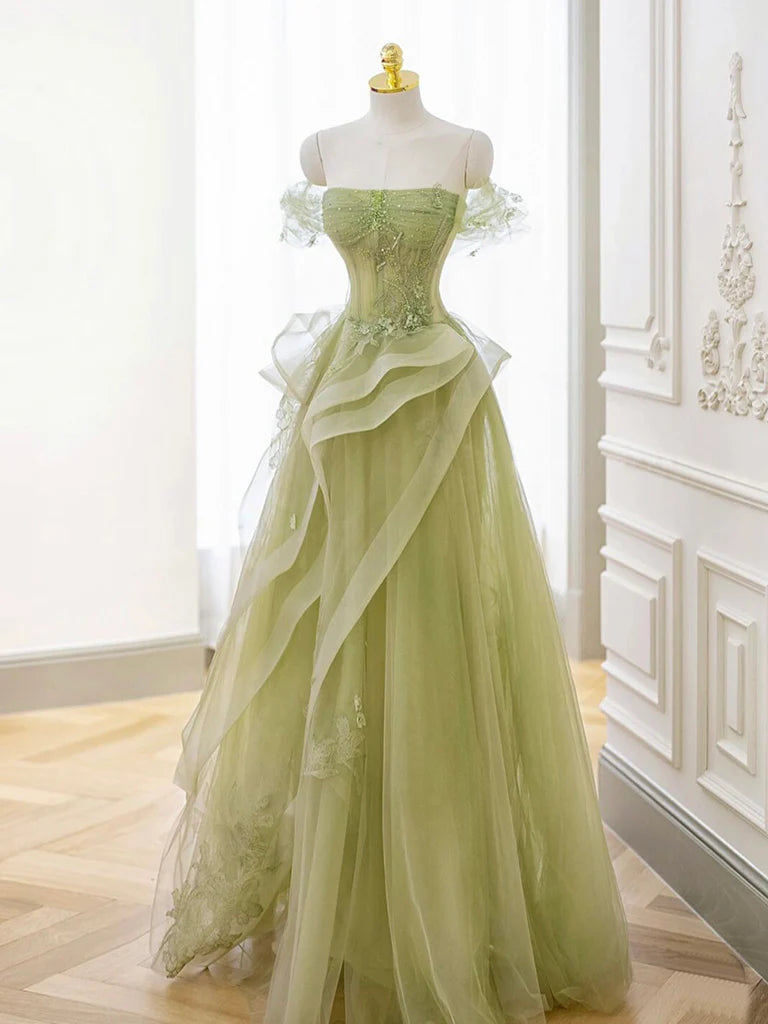 Green Off Shoulder Lace Long Prom Dress, Green Formal Dress ED0673