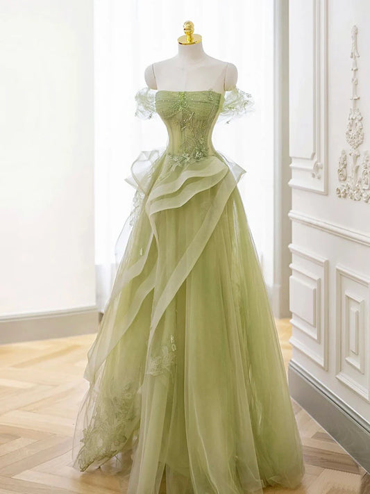 Green Off Shoulder Lace Long Prom Dress, Green Formal Dress ED0673