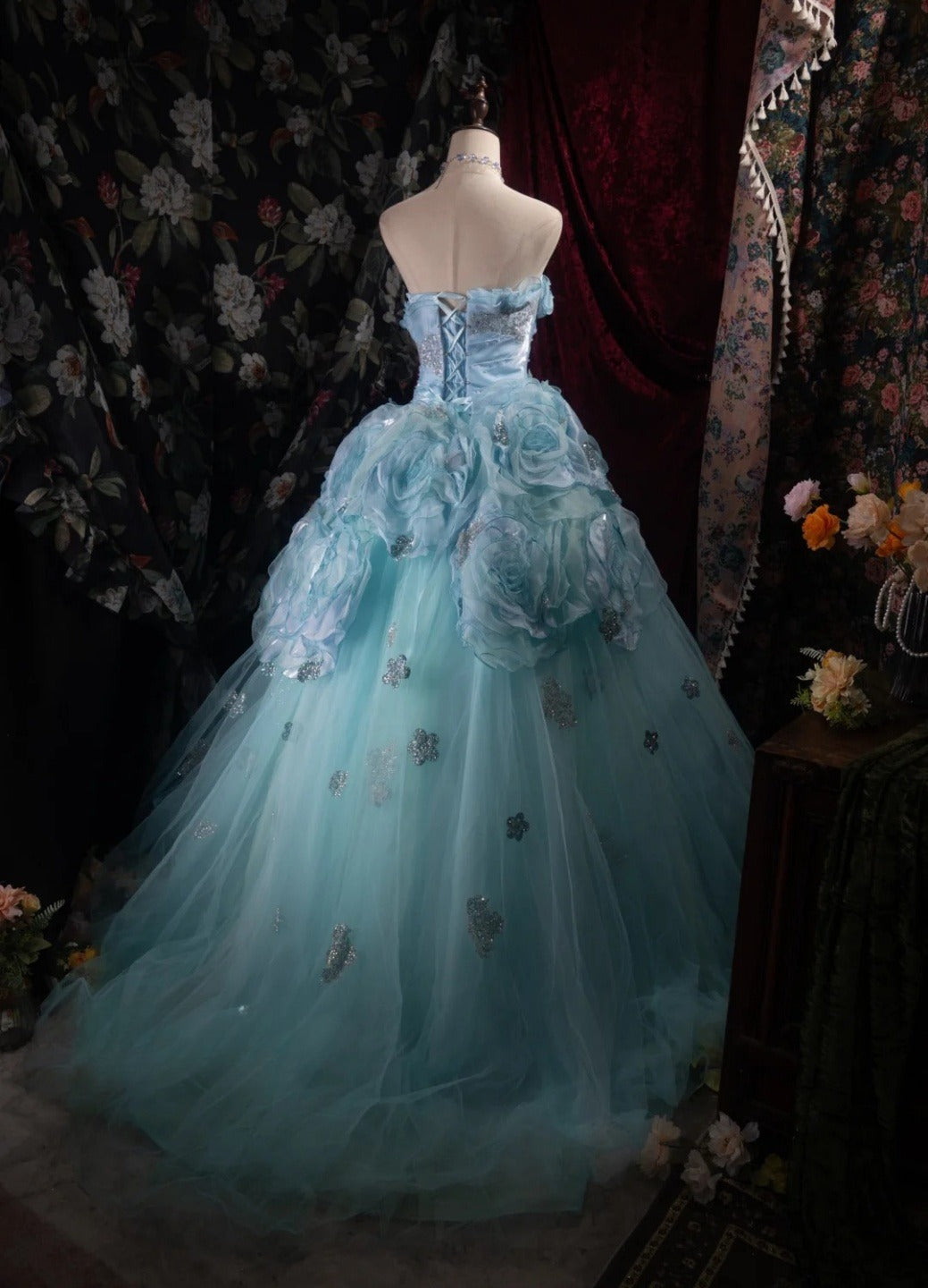 Fairy Blue Prom Dress Strapless A-Line Long Evening Dress Tulle Appliques Sleeveless Sweet 16 Dress ED06730