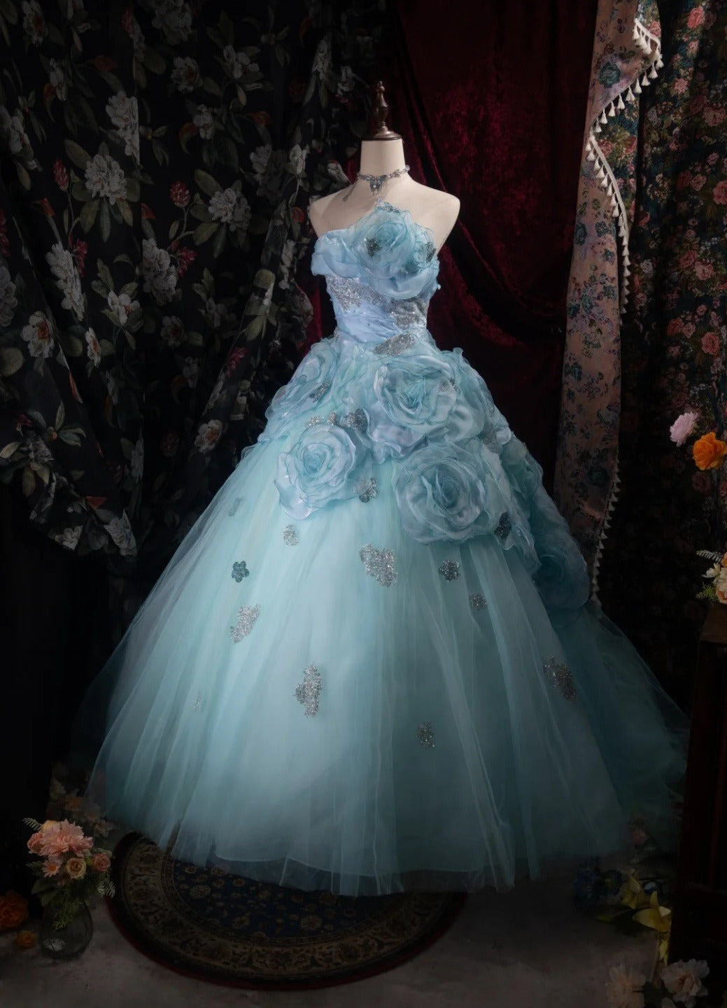 Fairy Blue Prom Dress Strapless A-Line Long Evening Dress Tulle Appliques Sleeveless Sweet 16 Dress ED06730