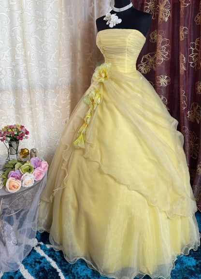 Fairy Yellow Prom Dress Strapless A-Line Long Evening Dress Tulle Appliques Sleeveless Sweet 16 Dress ED06731