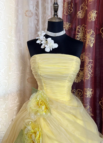 Fairy Yellow Prom Dress Strapless A-Line Long Evening Dress Tulle Appliques Sleeveless Sweet 16 Dress ED06731
