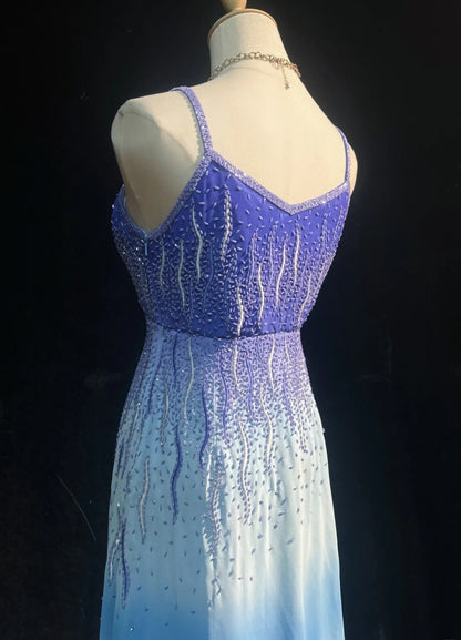 Classy Purple Prom Dresses Spaghetti Straps Sheath Long Evening Dress Tulle Beaded Sleeveless Birthday Dress ED06734