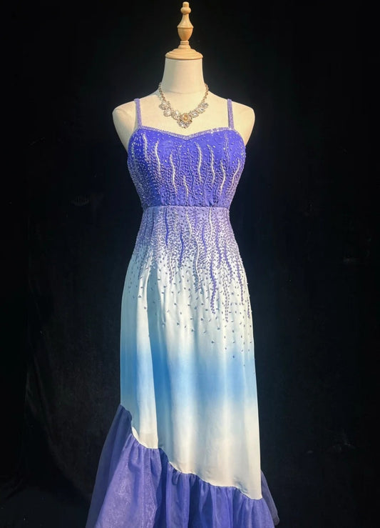 Robes d'anniversaire élégantes bleu dégradé, col en V, paillettes, mousseline, fourreau, robes de bal, robes de soirée ED04456