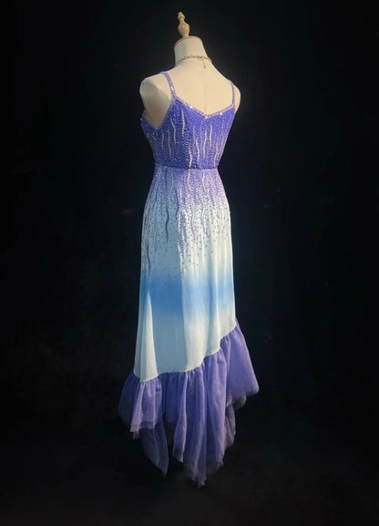 Classy Purple Prom Dresses Spaghetti Straps Sheath Long Evening Dress Tulle Beaded Sleeveless Birthday Dress ED06734