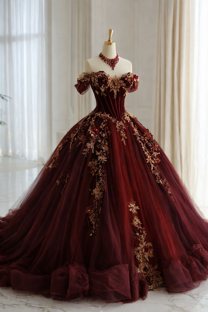 Classy Red Prom Dresses Off-shoulder A-Line Long Quinceanera Dress Tulle Appliques Sleeveless Sweet 16 Dress ED06735