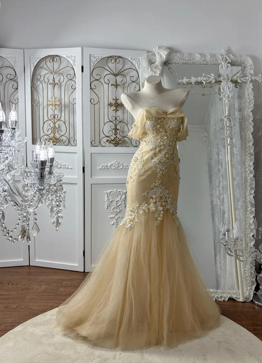 Classy Champagne Prom Dresses Off-shoulder Sheath Long Evening Dress Tulle Appliques Sleeveless Sweet 16 Dress ED06736