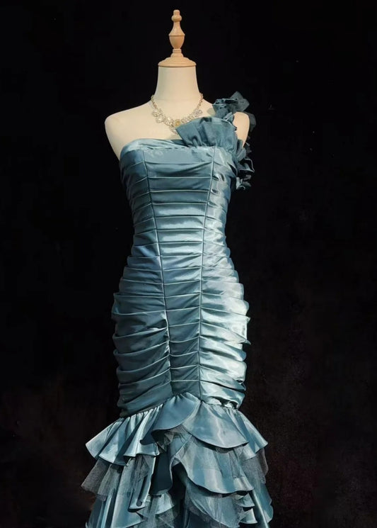 Classy Teal Prom Dresses One-shoulder Sheath Long Evening Dress Pleated Satin Sleeveless Formal Dress ED06737