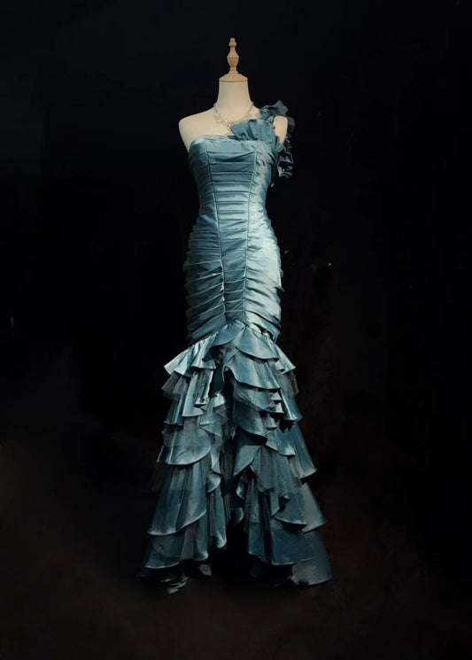 Classy Teal Prom Dresses One-shoulder Sheath Long Evening Dress Pleated Satin Sleeveless Formal Dress ED06737