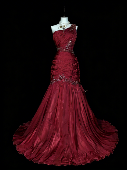 Vintage Champagne Prom Dresses One-shoulder Sheath Long Evening Dress Pleated  Tulle Sleeveless Formal Dress ED06739