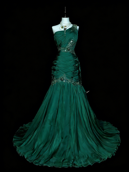 Vintage Champagne Prom Dresses One-shoulder Sheath Long Evening Dress Pleated  Tulle Sleeveless Formal Dress ED06739