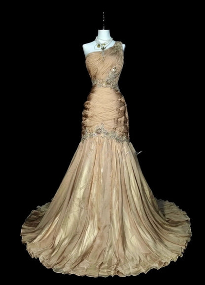 Vintage Champagne Prom Dresses One-shoulder Sheath Long Evening Dress Pleated  Tulle Sleeveless Formal Dress ED06739