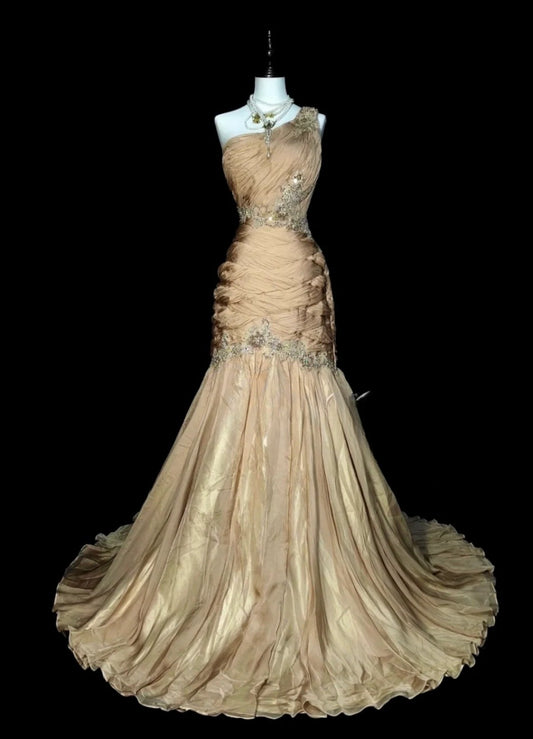 Vintage Champagne Prom Dresses One-shoulder Sheath Long Evening Dress Pleated  Tulle Sleeveless Formal Dress ED06739