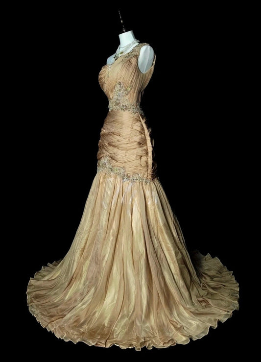 Vintage Champagne Prom Dresses One-shoulder Sheath Long Evening Dress Pleated  Tulle Sleeveless Formal Dress ED06739