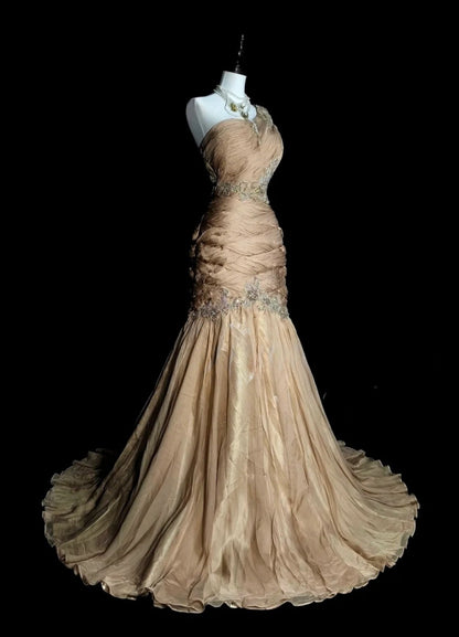 Vintage Champagne Prom Dresses One-shoulder Sheath Long Evening Dress Pleated  Tulle Sleeveless Formal Dress ED06739