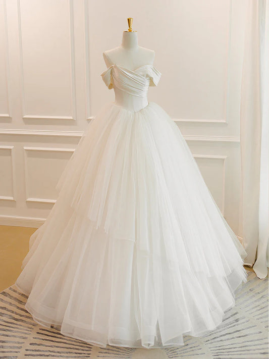 A-Line White Off Shoulder Tulle Long Prom Dress, White Long Formal Dress ED0674