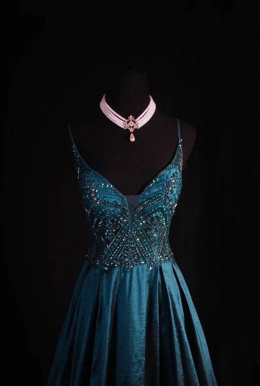 Vintage Teal Prom Dresses Spaghetti Straps A-Line Long Evening Dress Beaded Satin Sleeveless Formal Dress ED06740