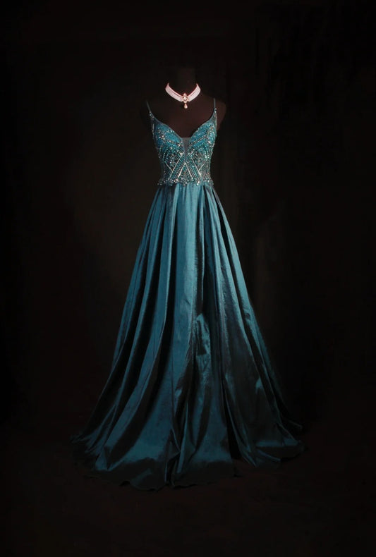 Vintage Teal Prom Dresses Spaghetti Straps A-Line Long Evening Dress Beaded Satin Sleeveless Formal Dress ED06740