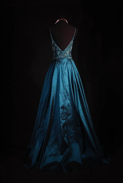 Vintage Teal Prom Dresses Spaghetti Straps A-Line Long Evening Dress Beaded Satin Sleeveless Formal Dress ED06740