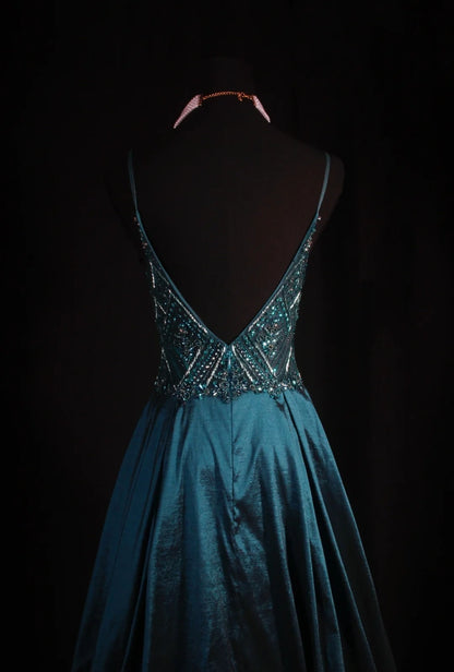 Vintage Teal Prom Dresses Spaghetti Straps A-Line Long Evening Dress Beaded Satin Sleeveless Formal Dress ED06740