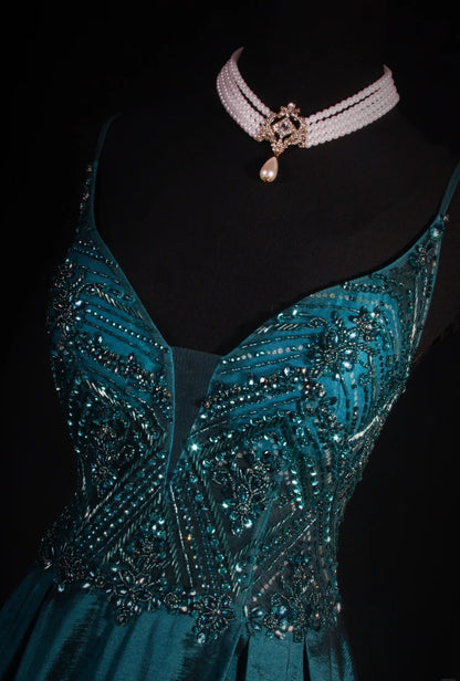 Vintage Teal Prom Dresses Spaghetti Straps A-Line Long Evening Dress Beaded Satin Sleeveless Formal Dress ED06740