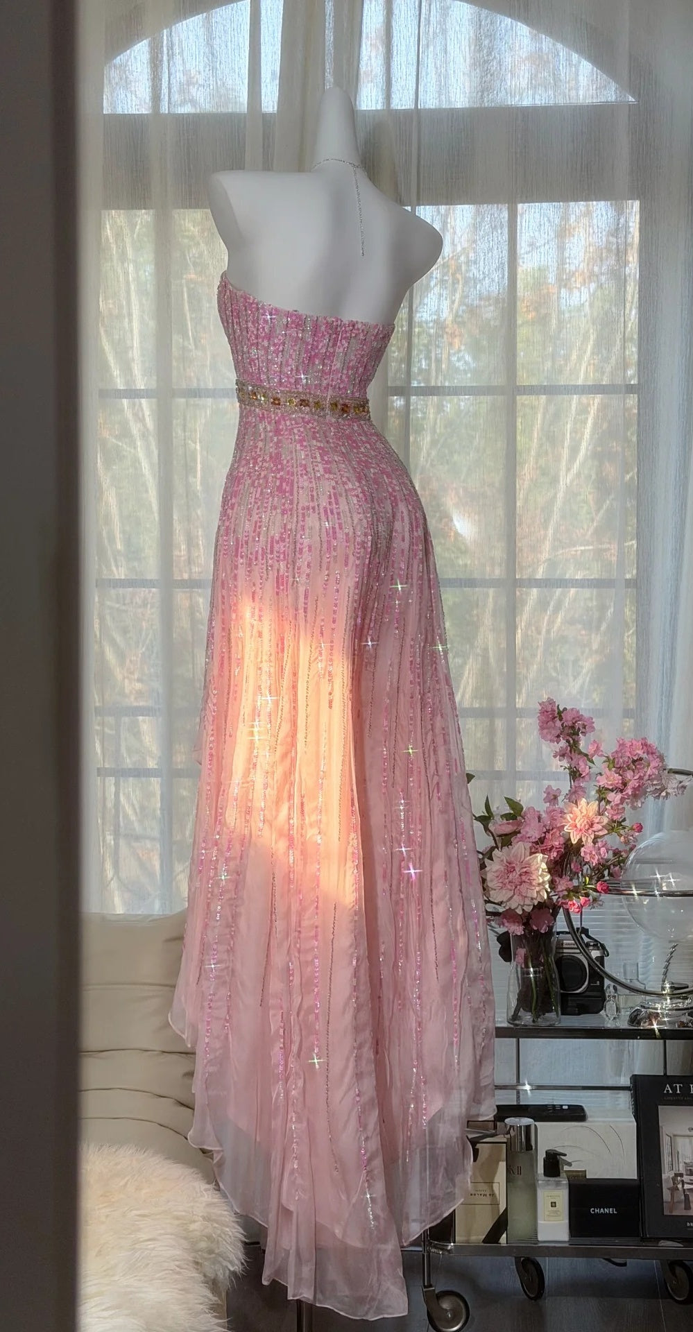 Gorgeous Pink Prom Dresses Strapless Sheath Long Evening Dress Sequins Beaded Chiffon Sleeveless Formal Dress ED06741