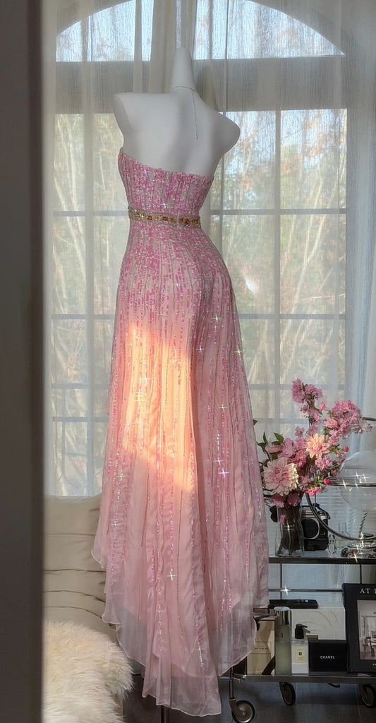 Gorgeous Pink Prom Dresses Strapless Sheath Long Evening Dress Sequins Beaded Chiffon Sleeveless Formal Dress ED06741