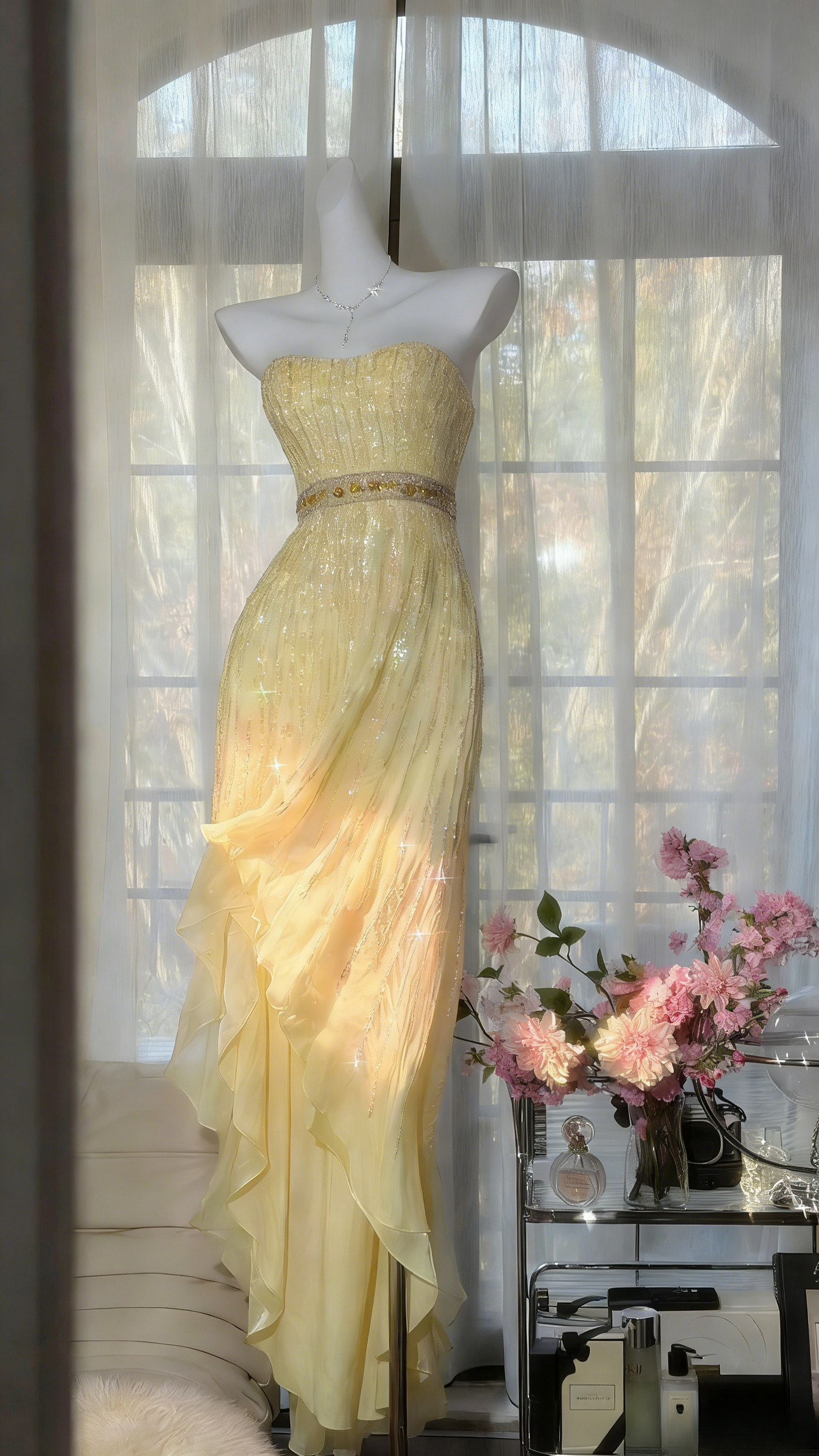 Gorgeous Pink Prom Dresses Strapless Sheath Long Evening Dress Sequins Beaded Chiffon Sleeveless Formal Dress ED06741