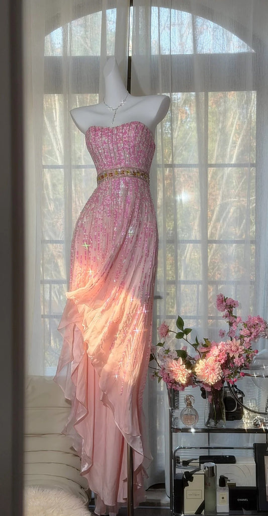 Gorgeous Pink Prom Dresses Strapless Sheath Long Evening Dress Sequins Beaded Chiffon Sleeveless Formal Dress ED06741