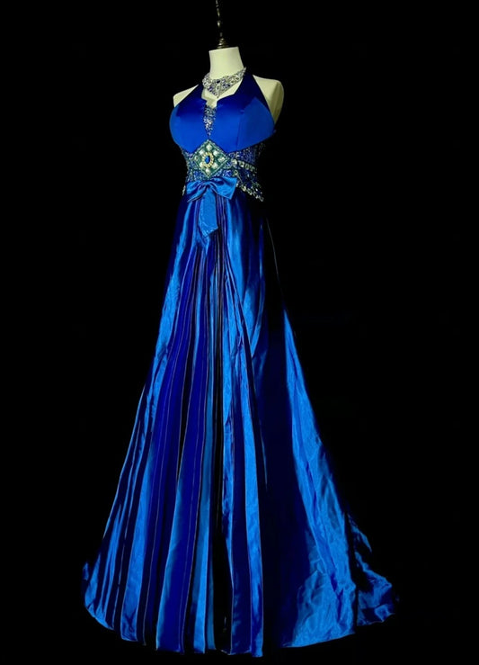 Gorgeous Blue Prom Dresses Halter A-Line Long Evening Dress Satin Sleeveless Birthday Dress ED06745