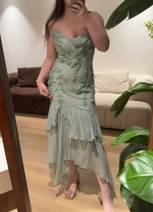 Vintage Green Prom Dresses Spaghetti Straps Sheath Long Evening Dress Beaded Chiffon Sleeveless Birthday Dress ED06746