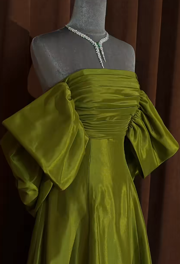 Elegant Olive Green Prom Dresses Off-shoulder A-Line Long Evening Dress Satin Sleeveless Birthday Dress ED06747