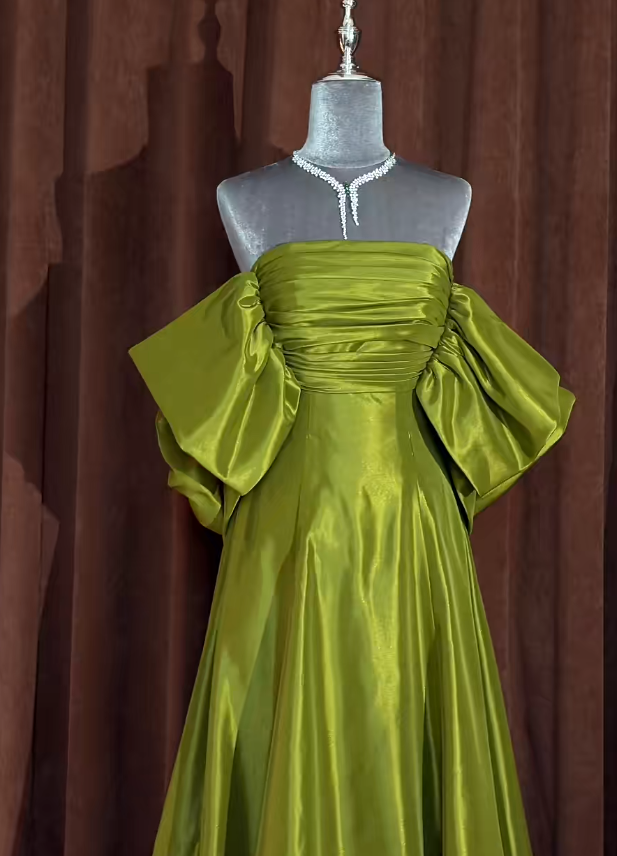 Elegant Olive Green Prom Dresses Off-shoulder A-Line Long Evening Dress Satin Sleeveless Birthday Dress ED06747